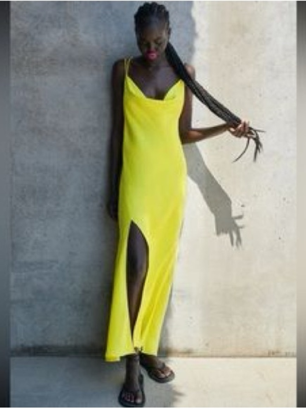 NWT: Zara Neon Satin Cowl Neck Slip Dress with Slit in Sz: Large